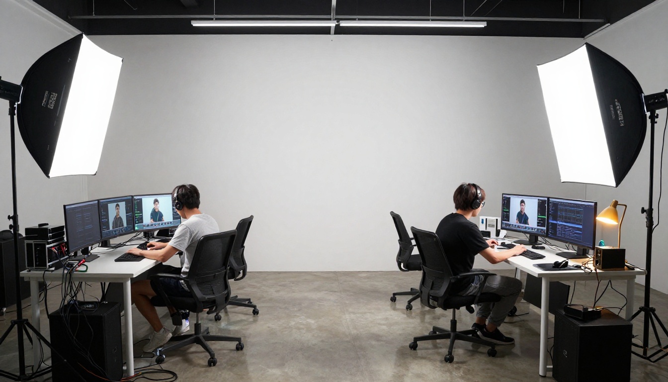 Professional social media production studio with two creators collaborating at workstations under softbox lights