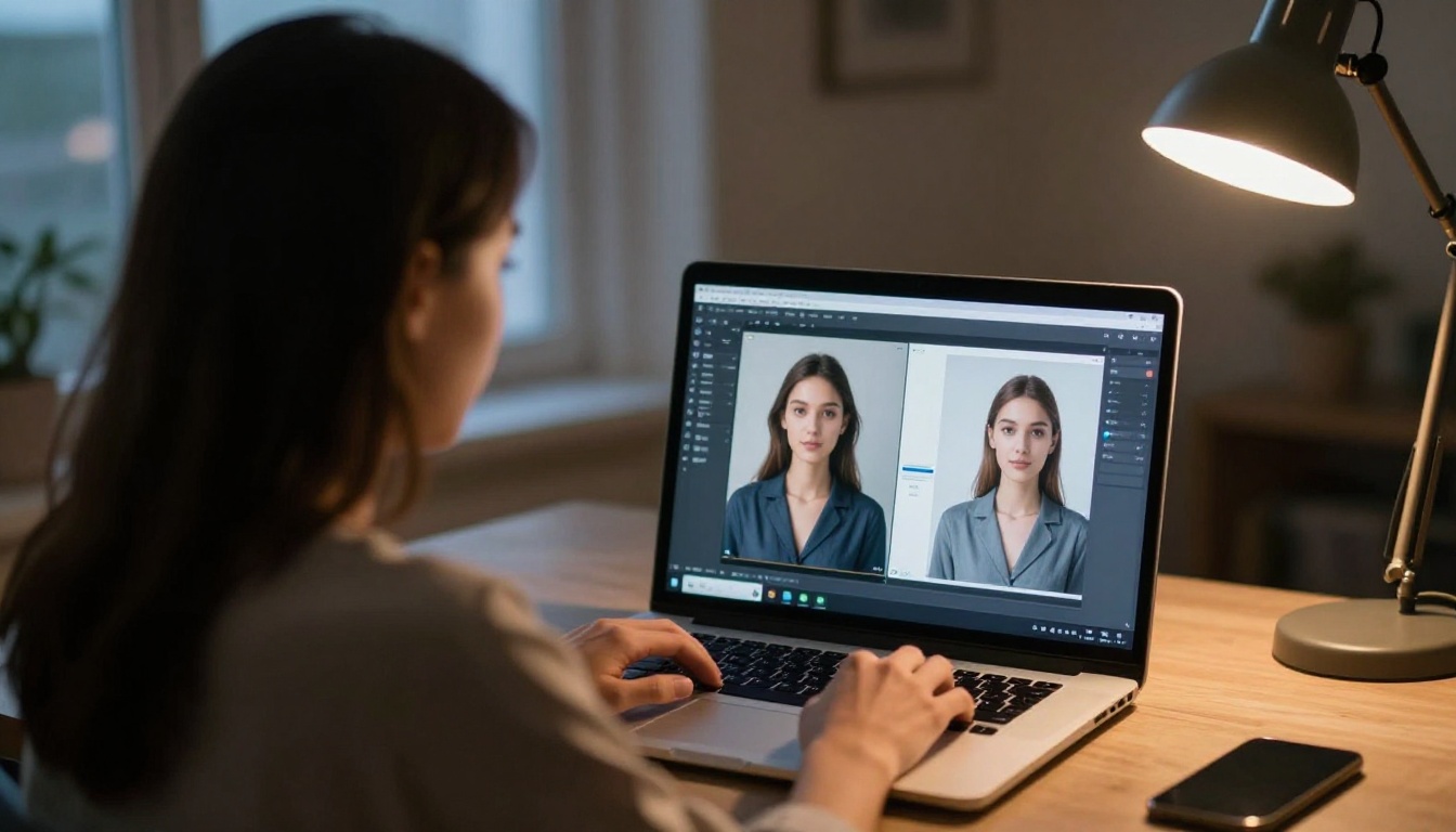 Over-the-shoulder view of woman comparing AI video models on laptop screen in warm evening light