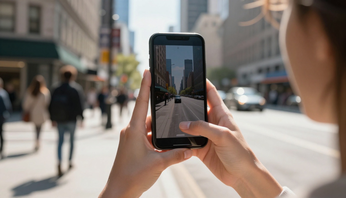 Young woman's hands holding smartphone vertically in portrait mode on bright city street with urban bokeh
