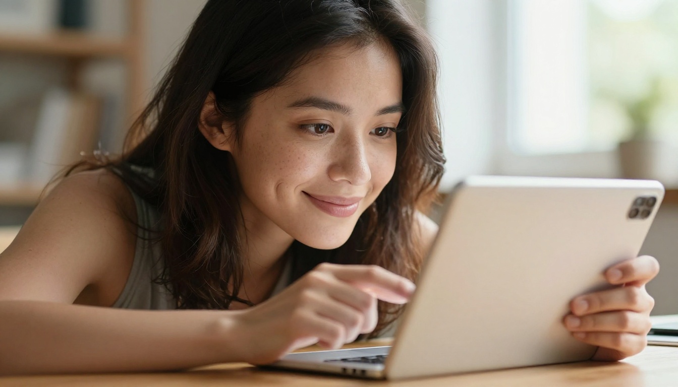 Creative professional woman reviewing vertical video output on tablet with satisfied expression in warm afternoon light