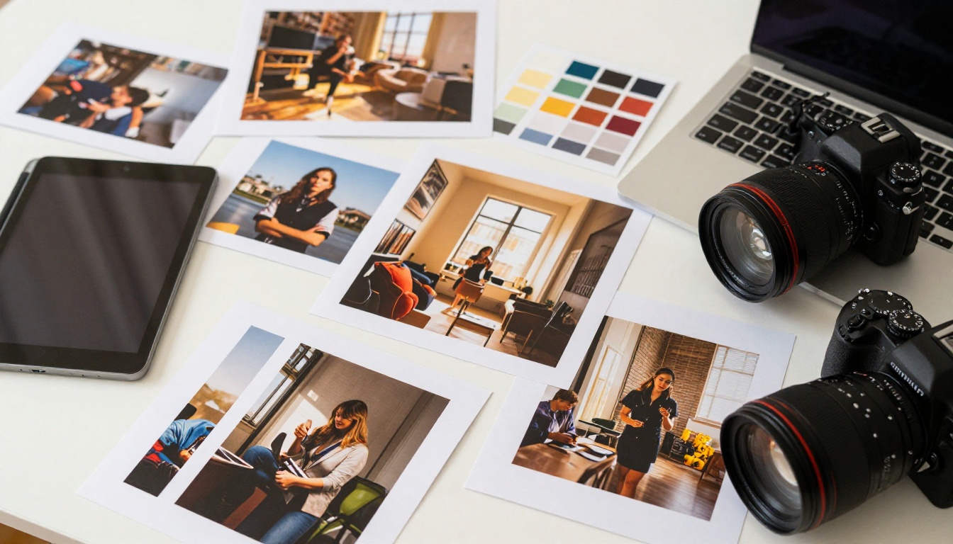 Portfolio of AI-generated photorealistic images spread across a designer's desk