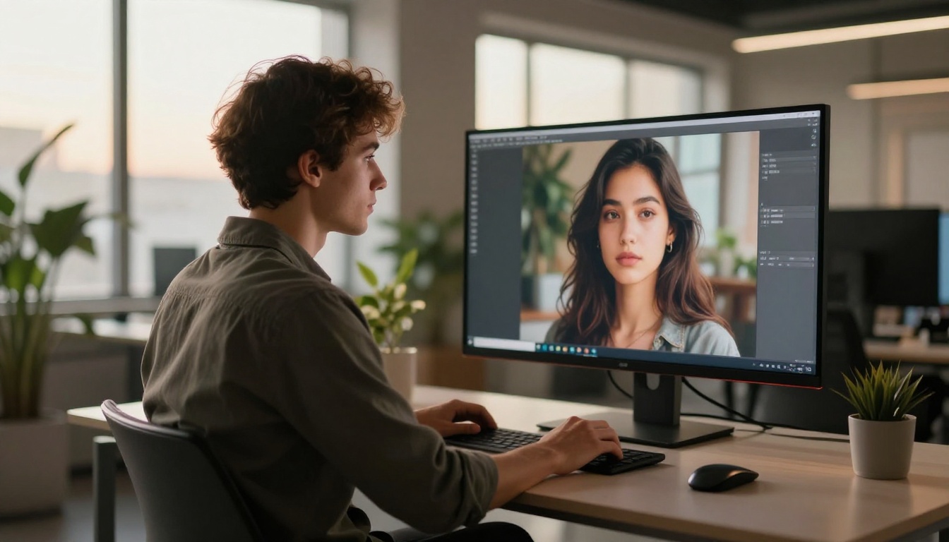 Creative professional reviewing AI images on a monitor in an open-plan office