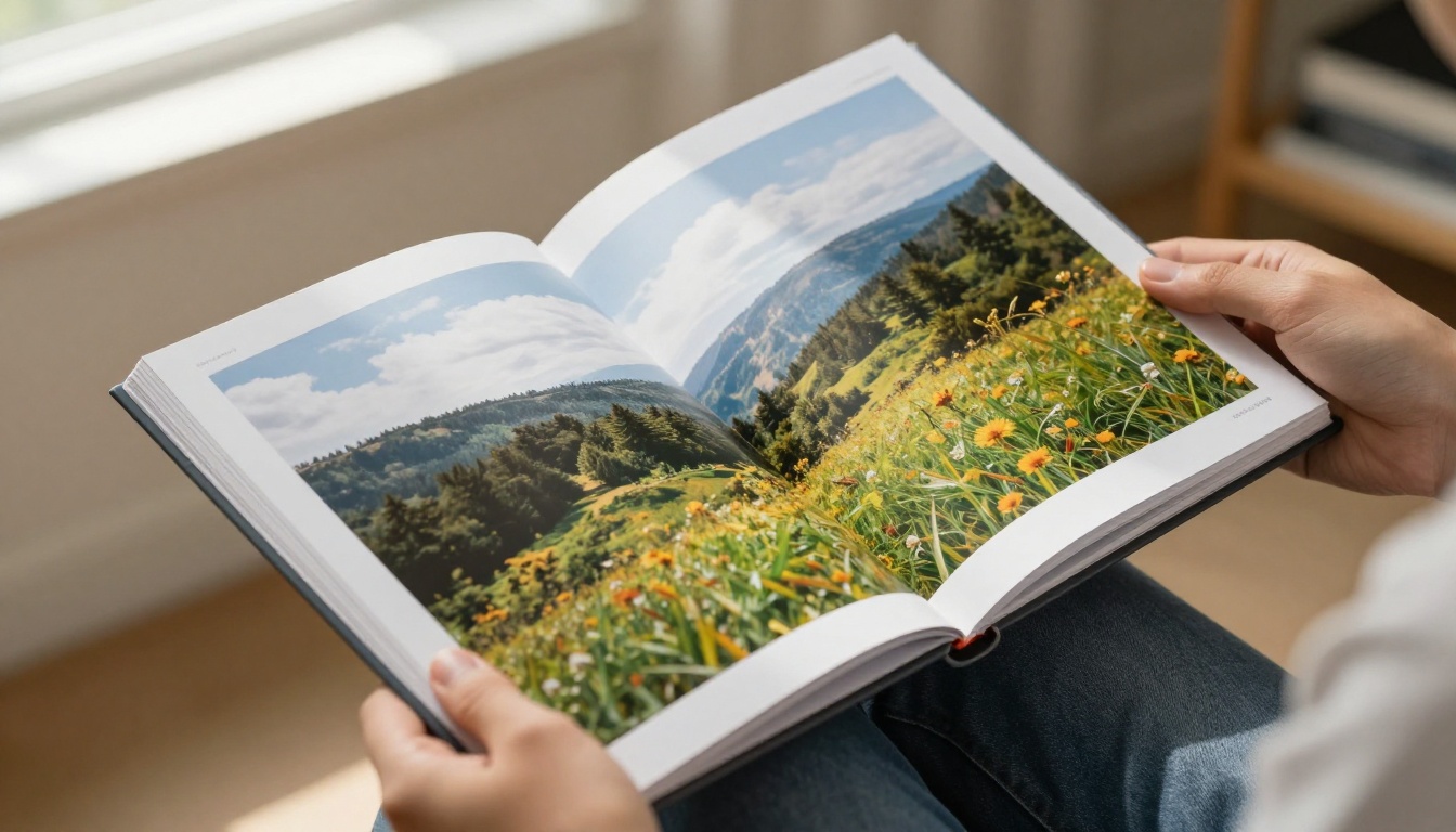 Printed AI image portfolio held by a designer's hands in a bright studio
