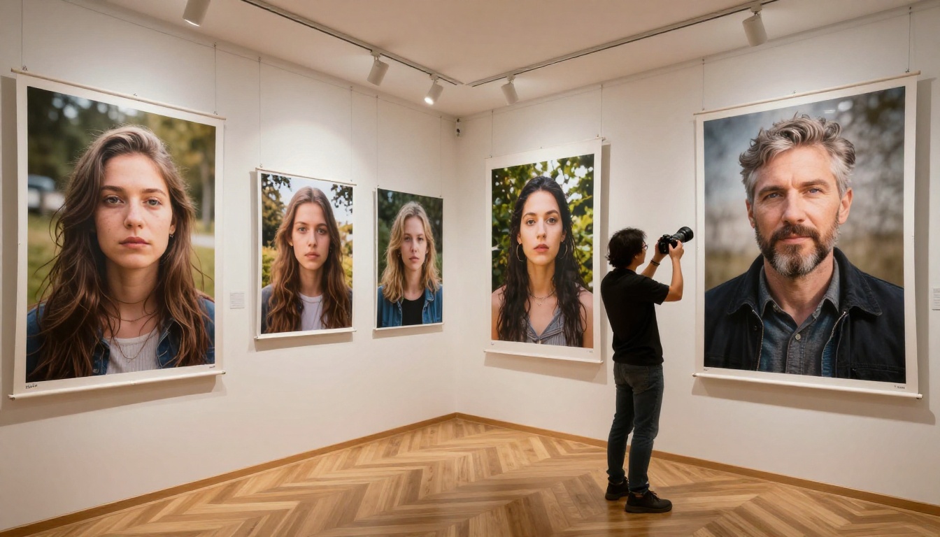 Modern photo gallery displaying large-format AI-generated prints on white walls