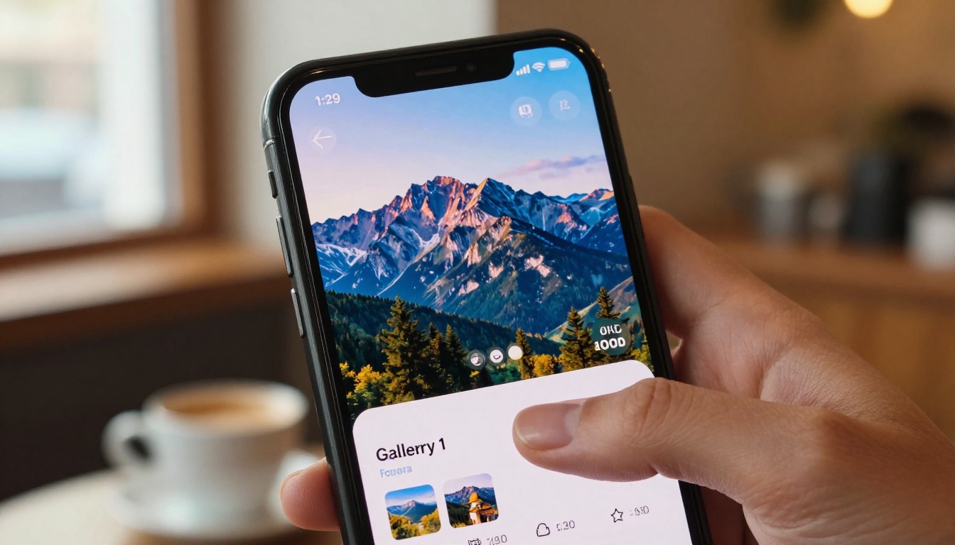 Smartphone showing AI-generated photorealistic mountain landscape in a gallery app