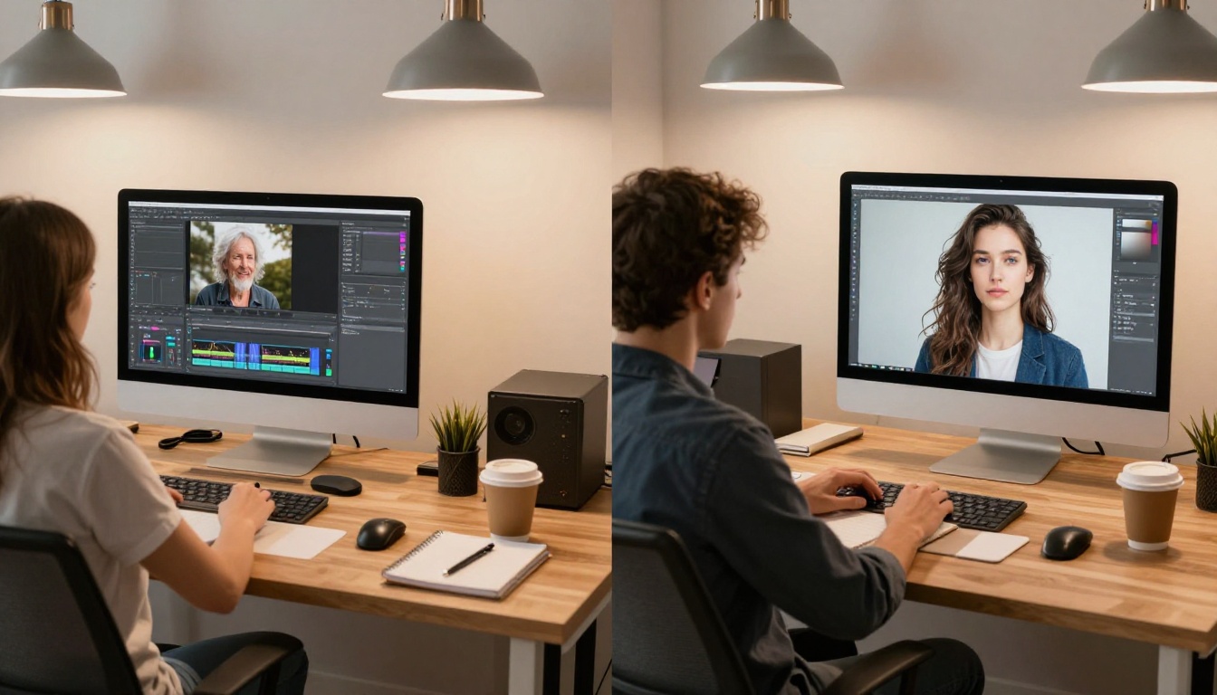 Two workstations comparing older and modern AI image generation results side by side