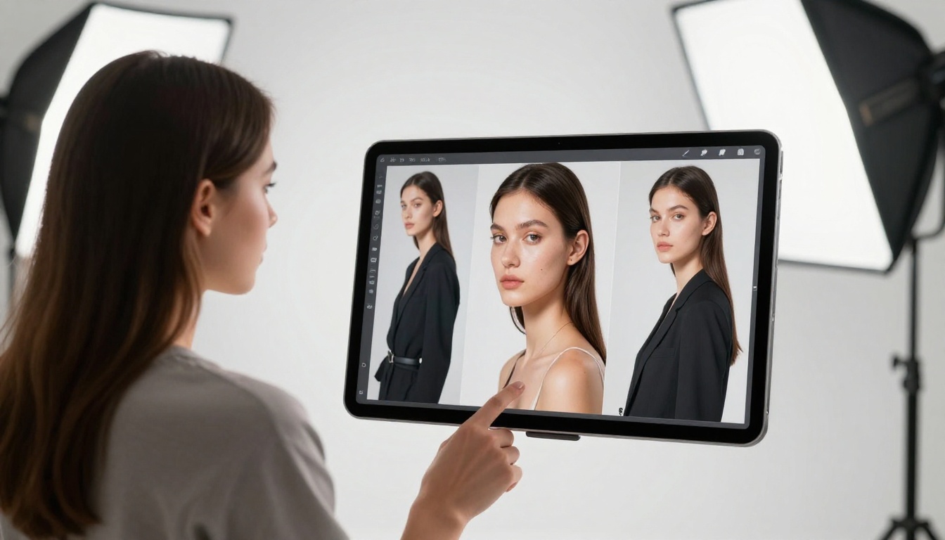 Woman reviewing AI-generated fashion portraits on an iPad stand in a professional studio