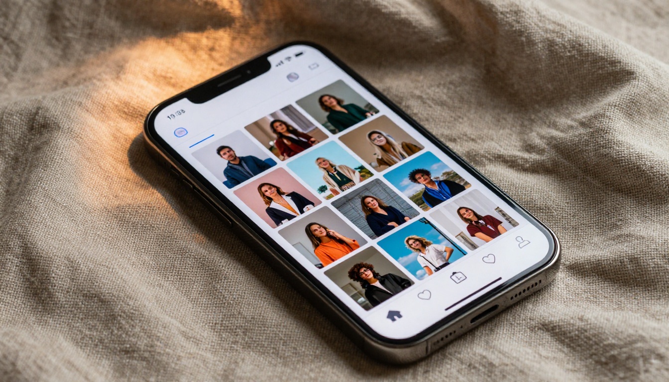 Close-up of smartphone screen showing AI-generated Instagram feed on linen surface
