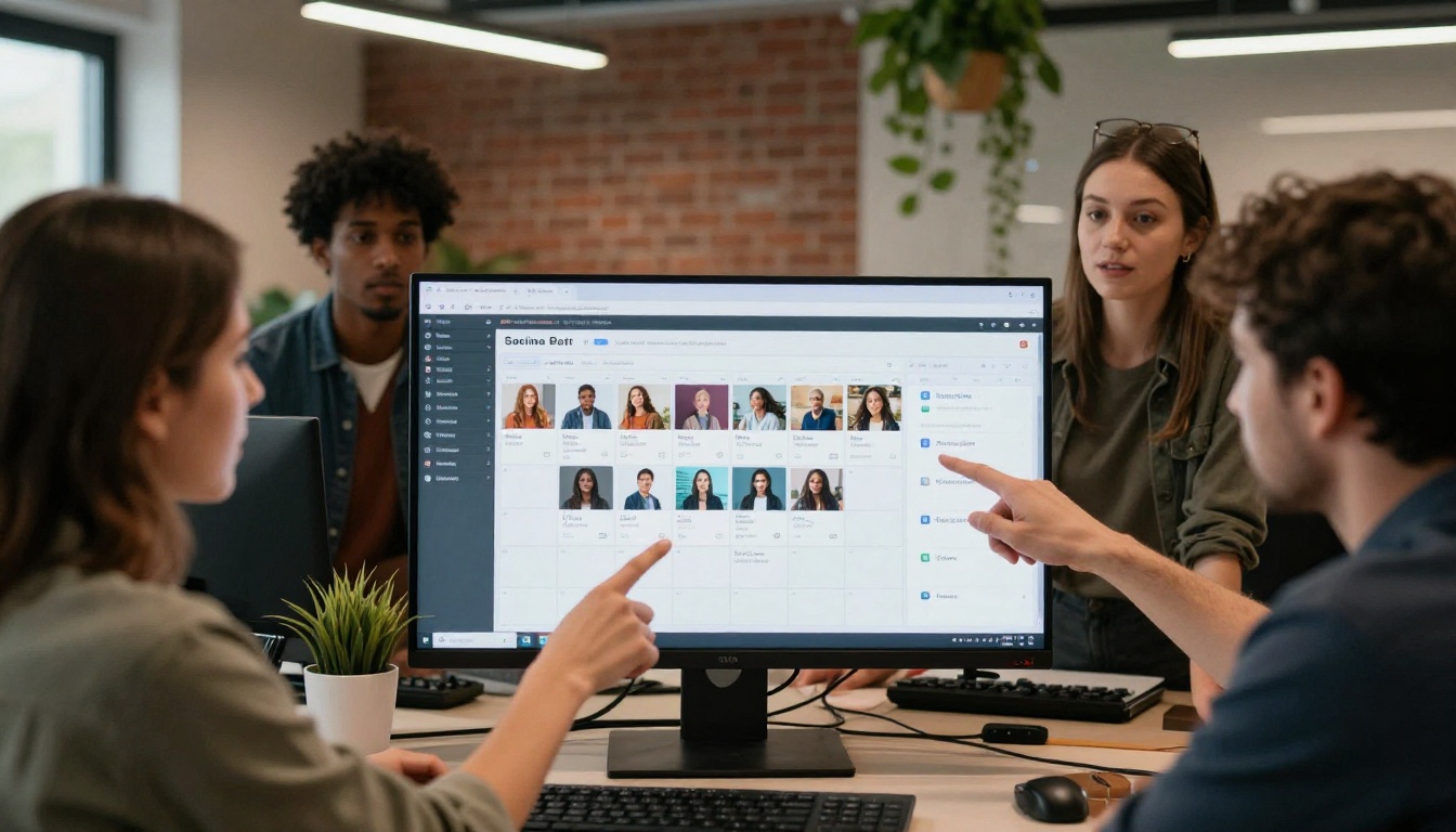 Creative agency team reviewing AI-generated social media content on large monitor