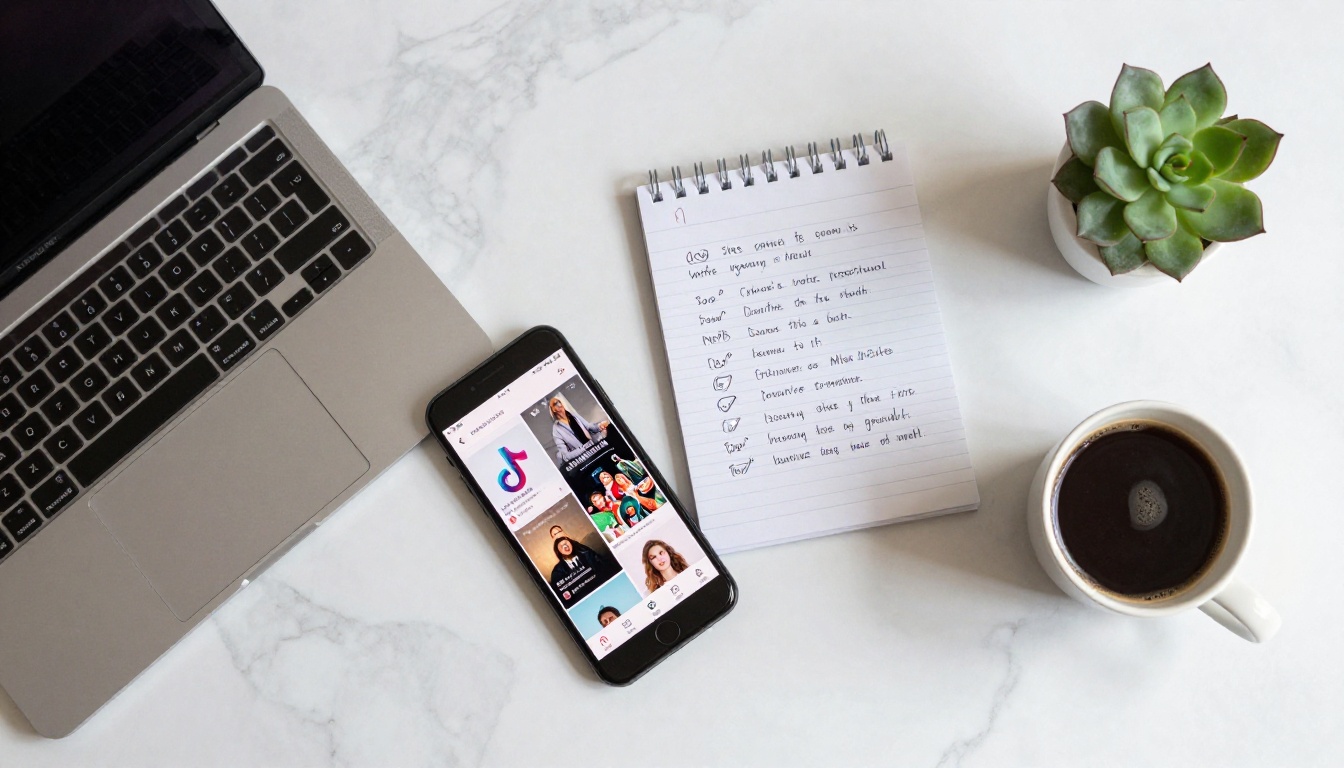 Aerial flat-lay of marble desk with smartphone, MacBook, and content strategy notes