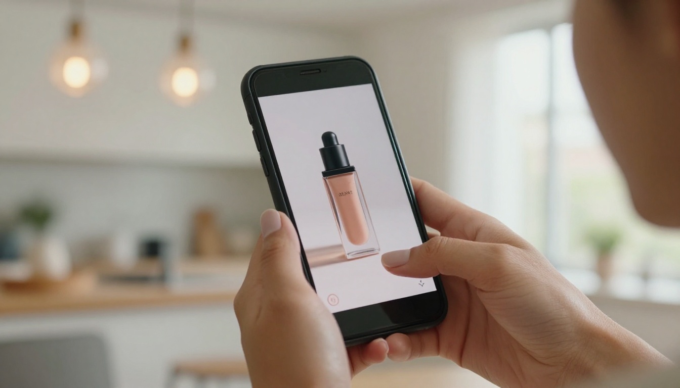 Woman's hands holding smartphone displaying AI-generated product photo for Instagram ad Woman's hands holding smartphone displaying AI-generated product photo for Instagram ad