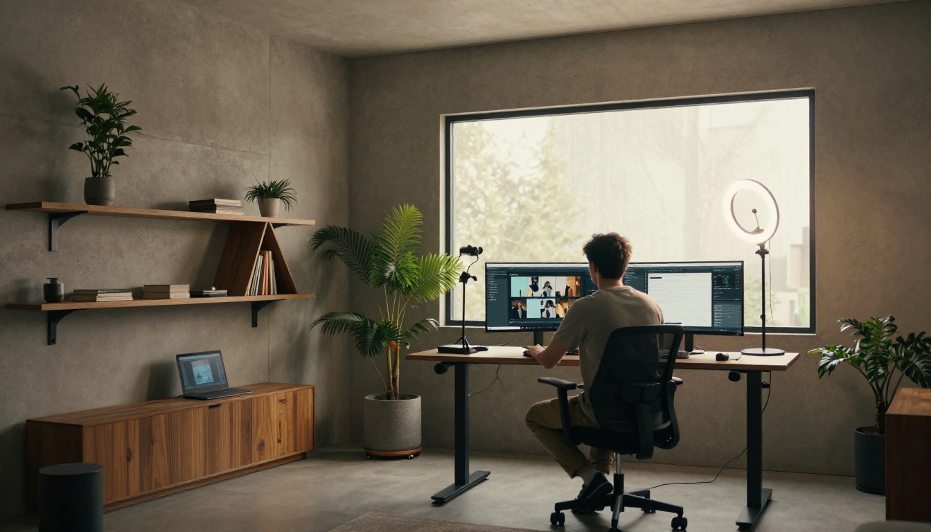 Content creator in home studio with dual monitors showing social media AI tools