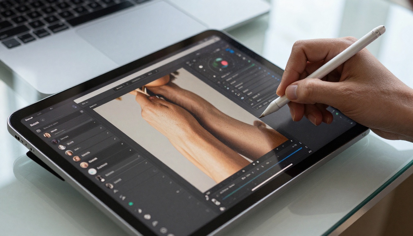 Graphic designer editing photo on iPad Pro with Apple Pencil