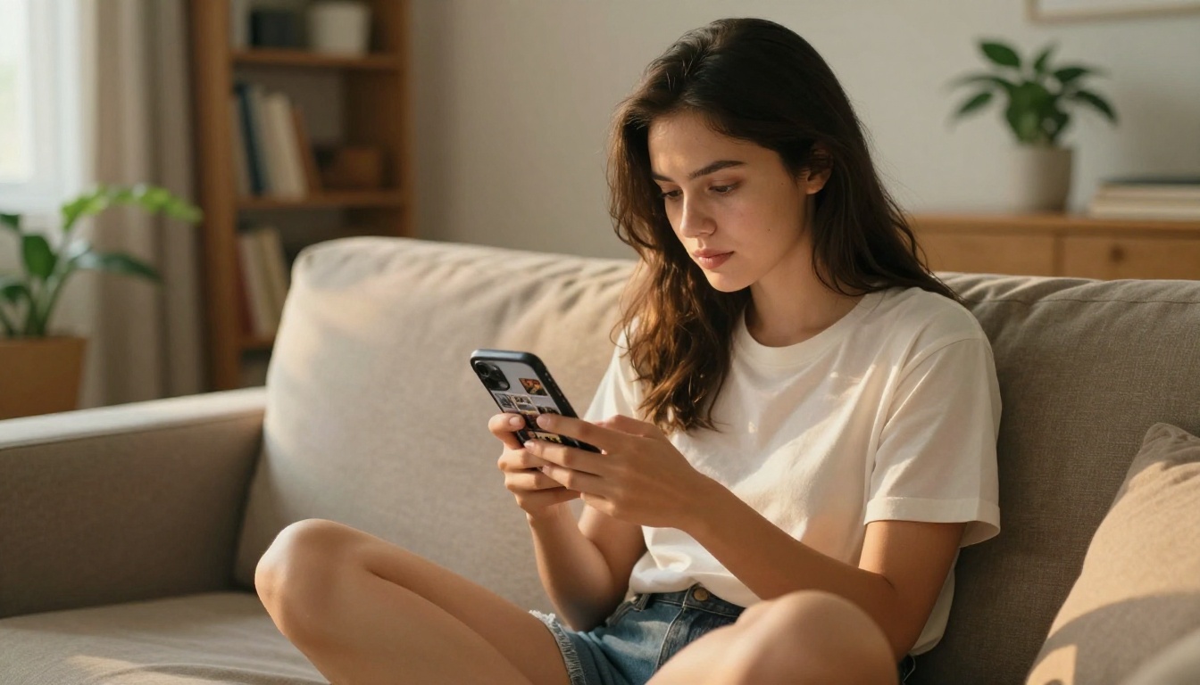Female influencer scrolling through curated Instagram feed on sofa in warm afternoon light Female influencer scrolling through curated Instagram feed on sofa in warm afternoon light