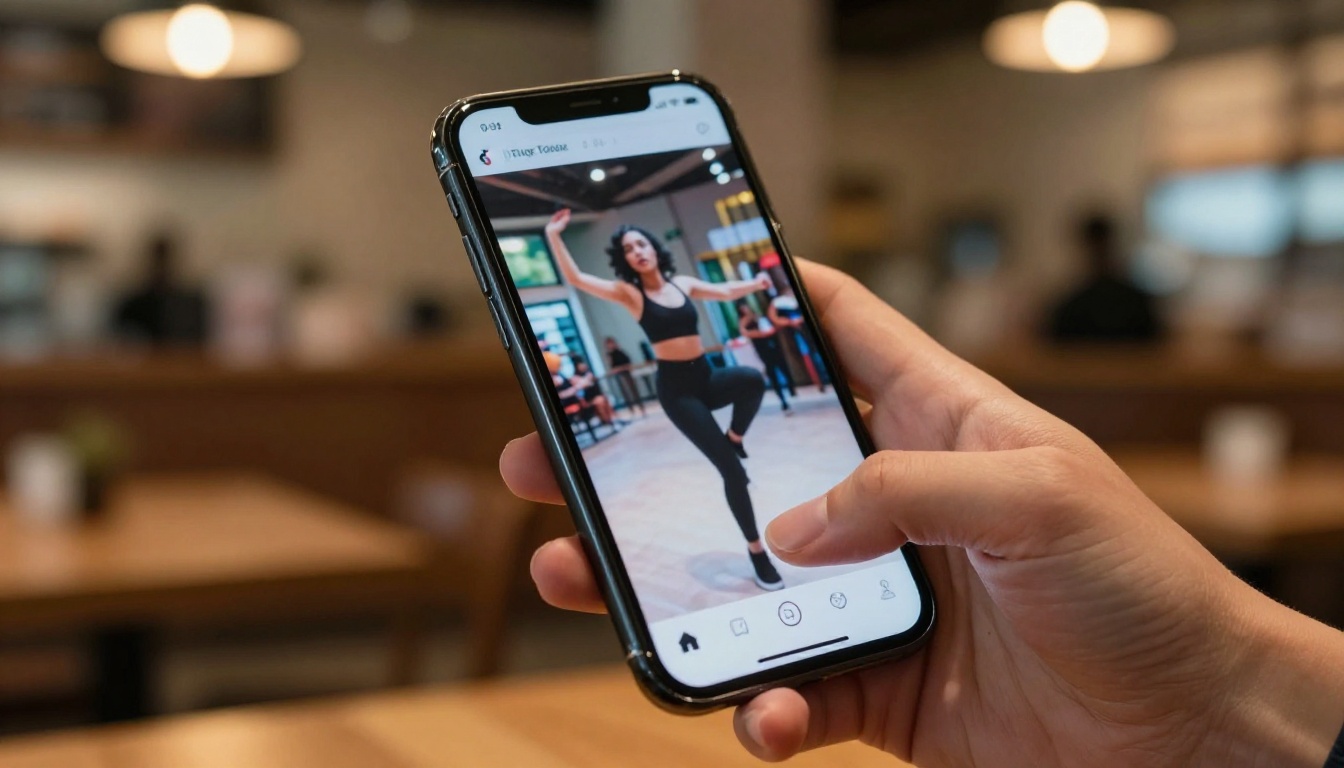 Creator reviewing TikTok AI video content on smartphone in warm cafe light