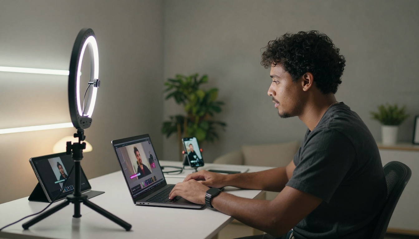 Content creator home studio setup with ring light, tripod, and laptop