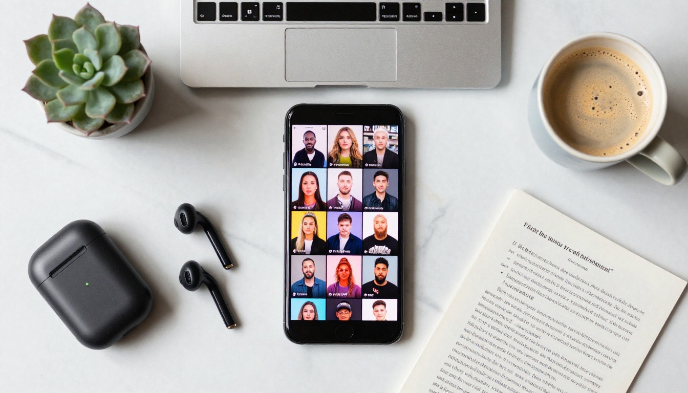 Aerial bird's-eye flat lay with smartphone, keyboard, coffee, and content notes on marble