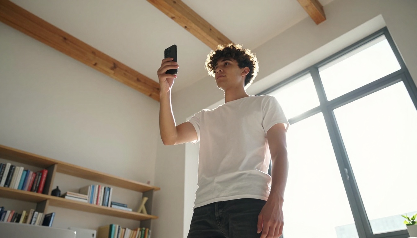 Low-angle shot of male creator filming TikTok content with smartphone in bright apartment