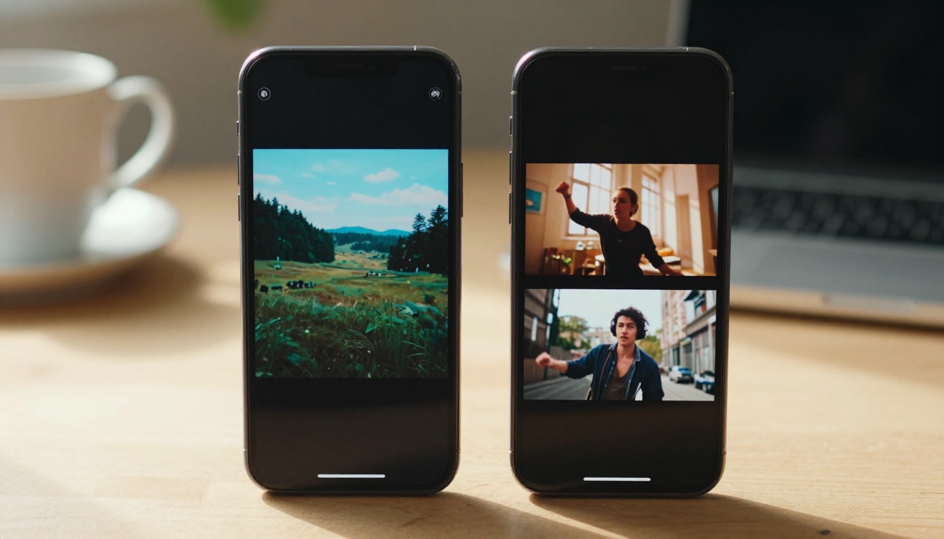 Two smartphones side by side comparing different AI-generated video outputs