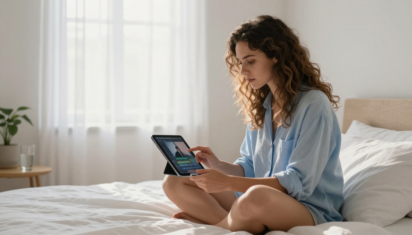 Woman editing video on tablet in soft morning light at home