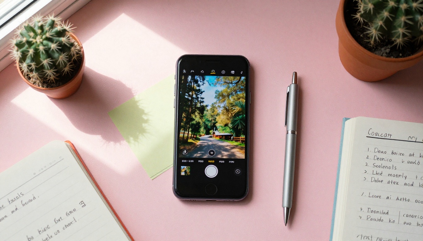 Creative flat lay with smartphone, sticky notes, pen, and content planning notebook