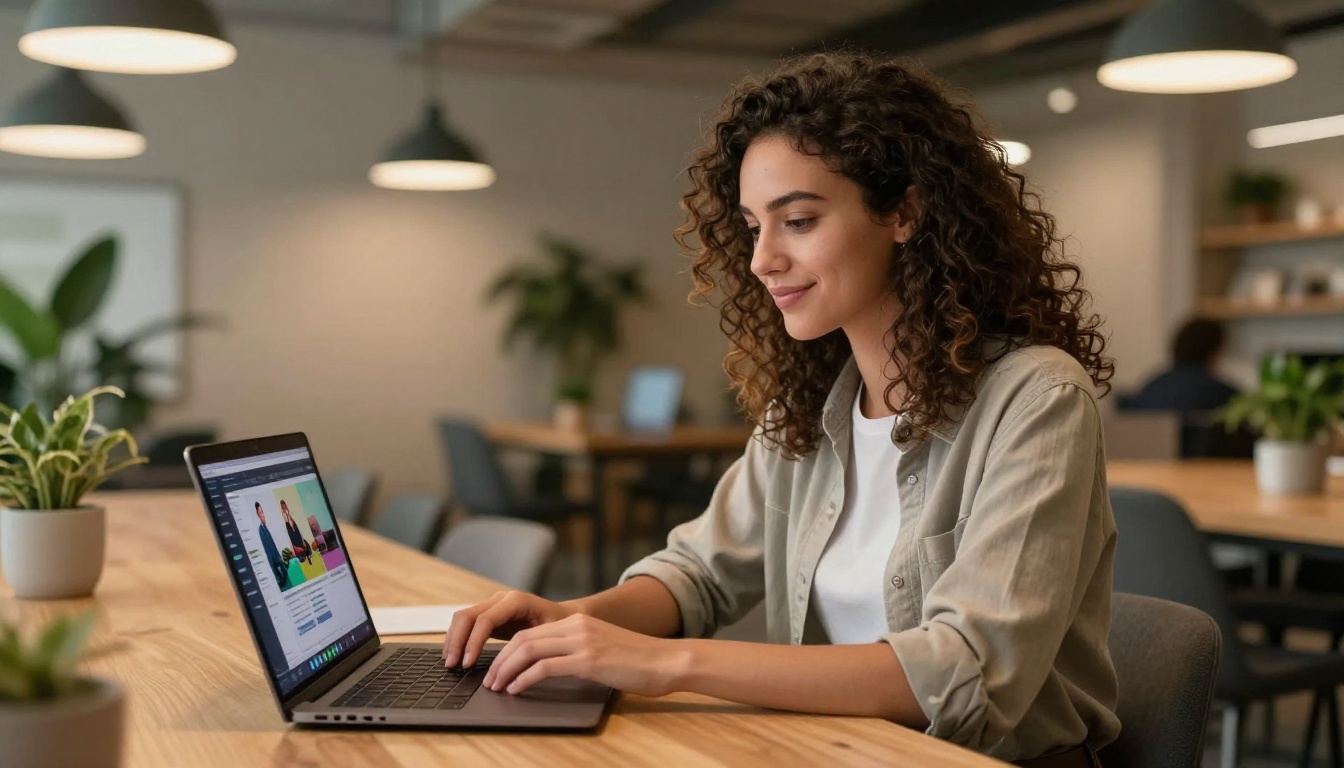 Young woman smiling at laptop in modern coworking space with warm ambient light