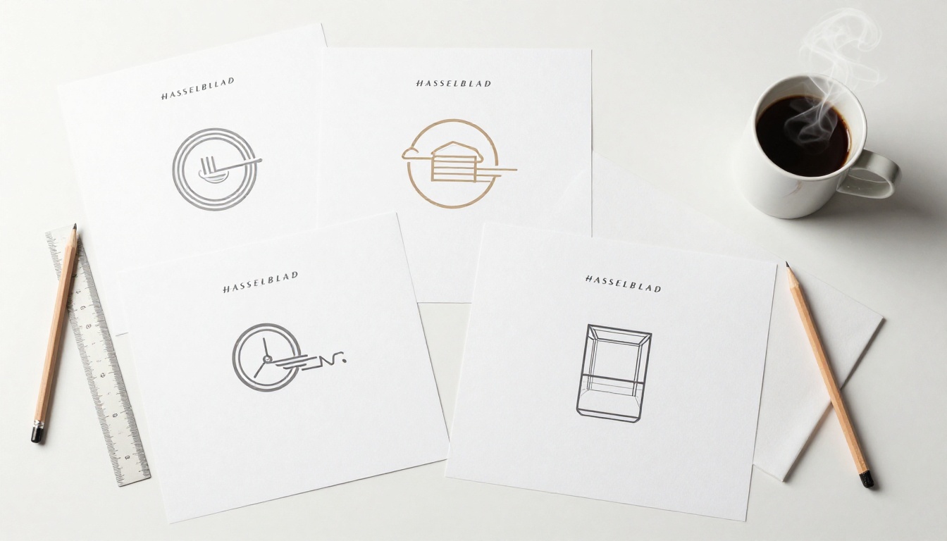 Aerial desk view with printed logo designs spread across white paper