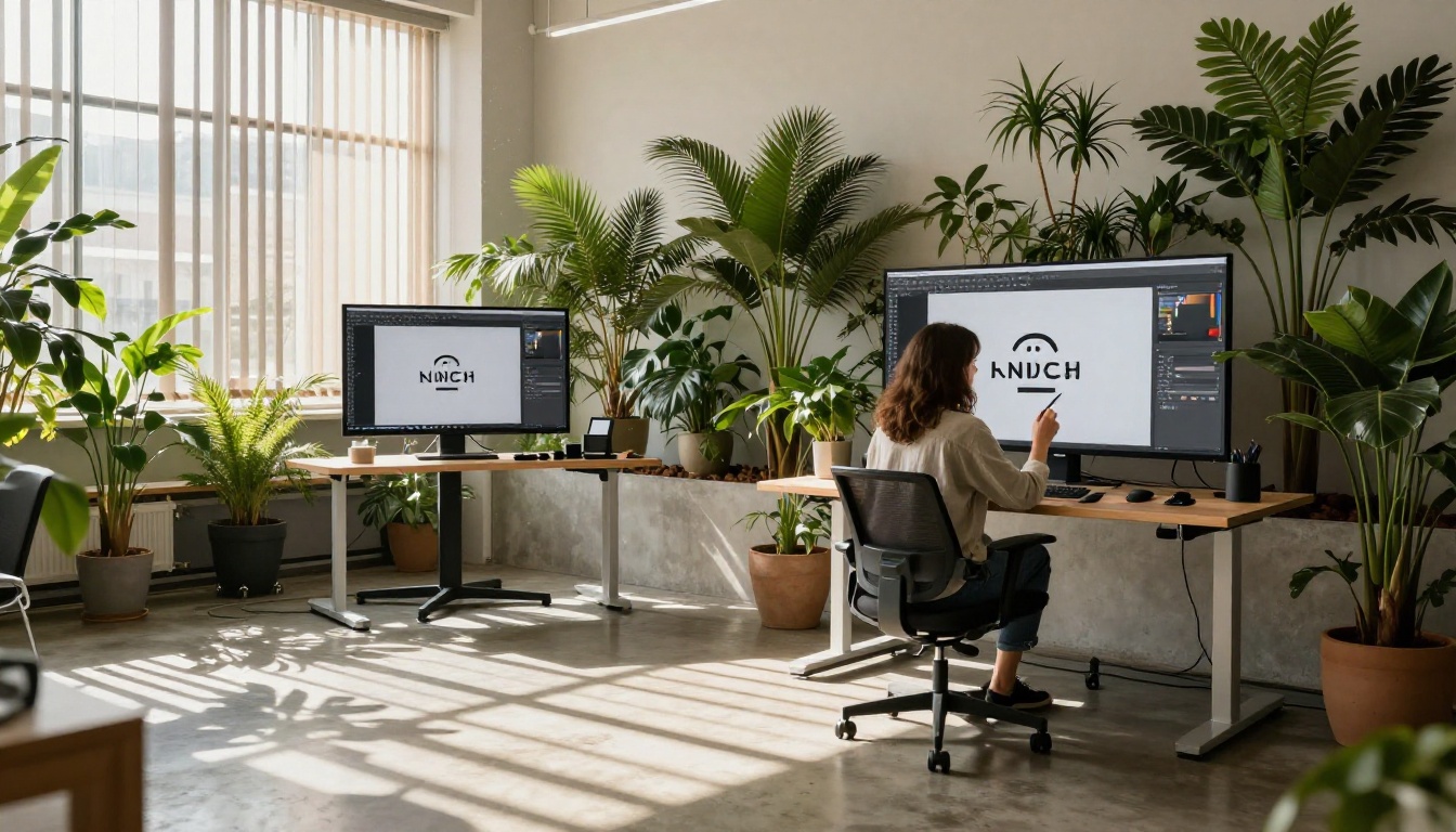 Creative studio with monitors showing logo design software