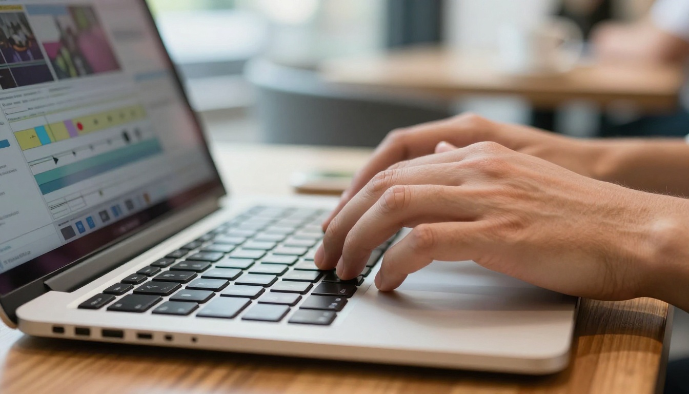 Person typing on laptop in a bright café, video interface visible on screen