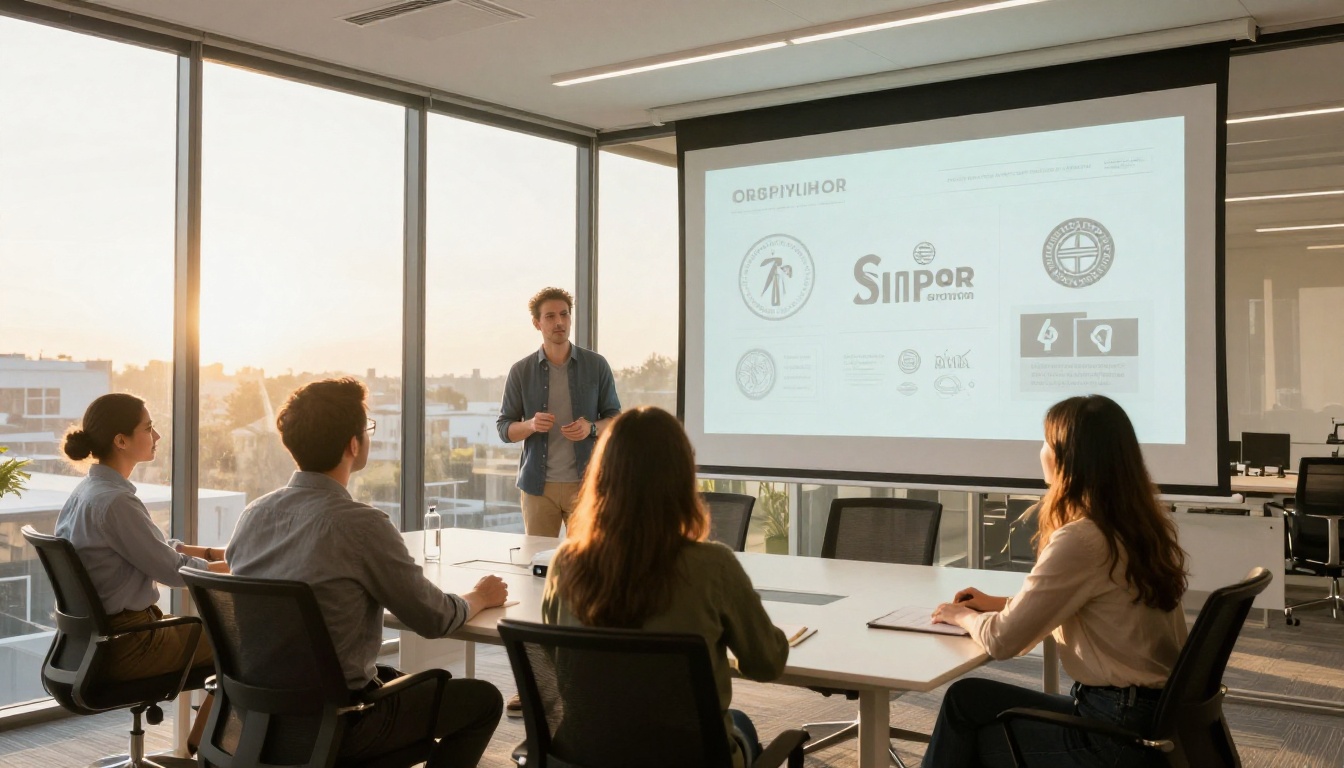 Low-angle presentation of logo options to a team in a modern office Low-angle presentation of logo options to a team in a modern office