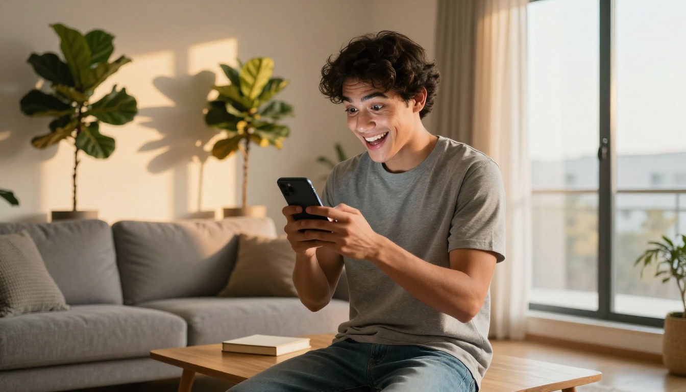 Young man holding smartphone, reacting with pride to an AI video he just created