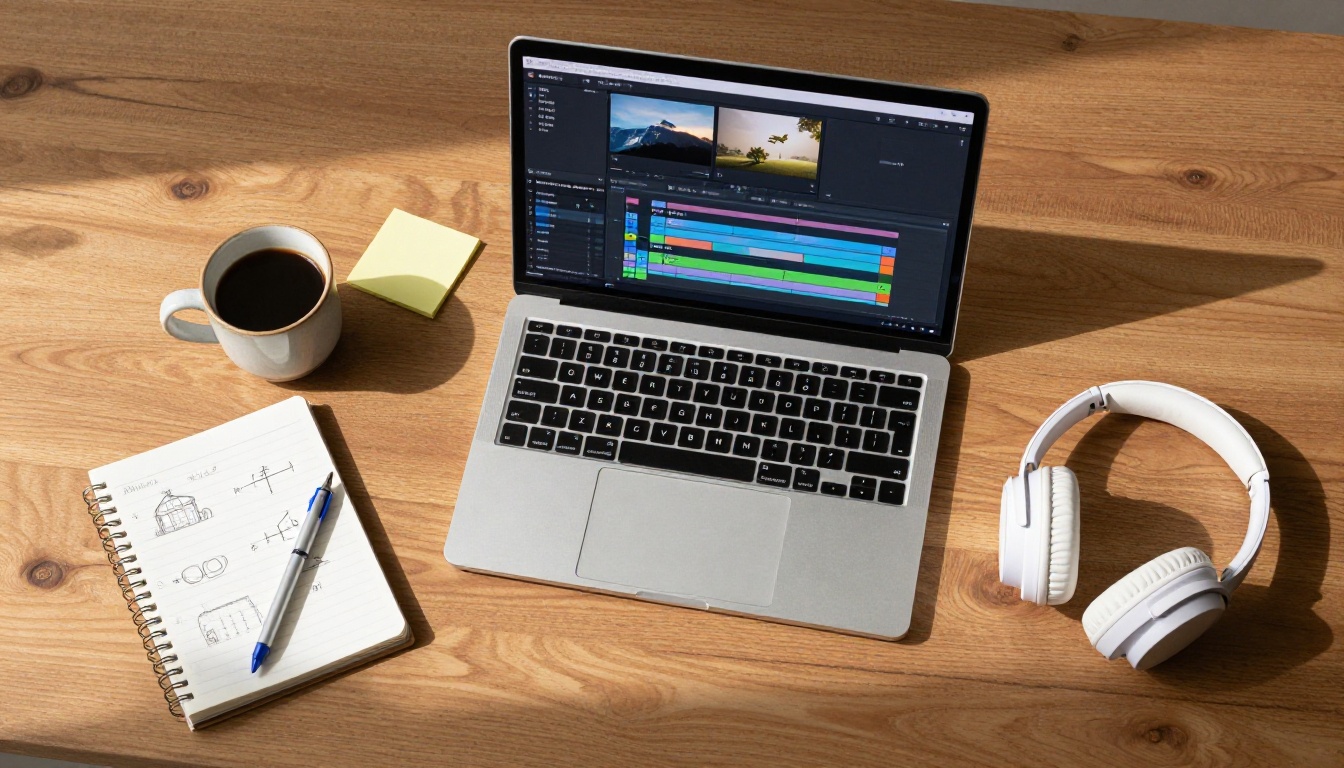 Aerial flat lay of desk workspace with laptop, notebook, coffee, and headphones