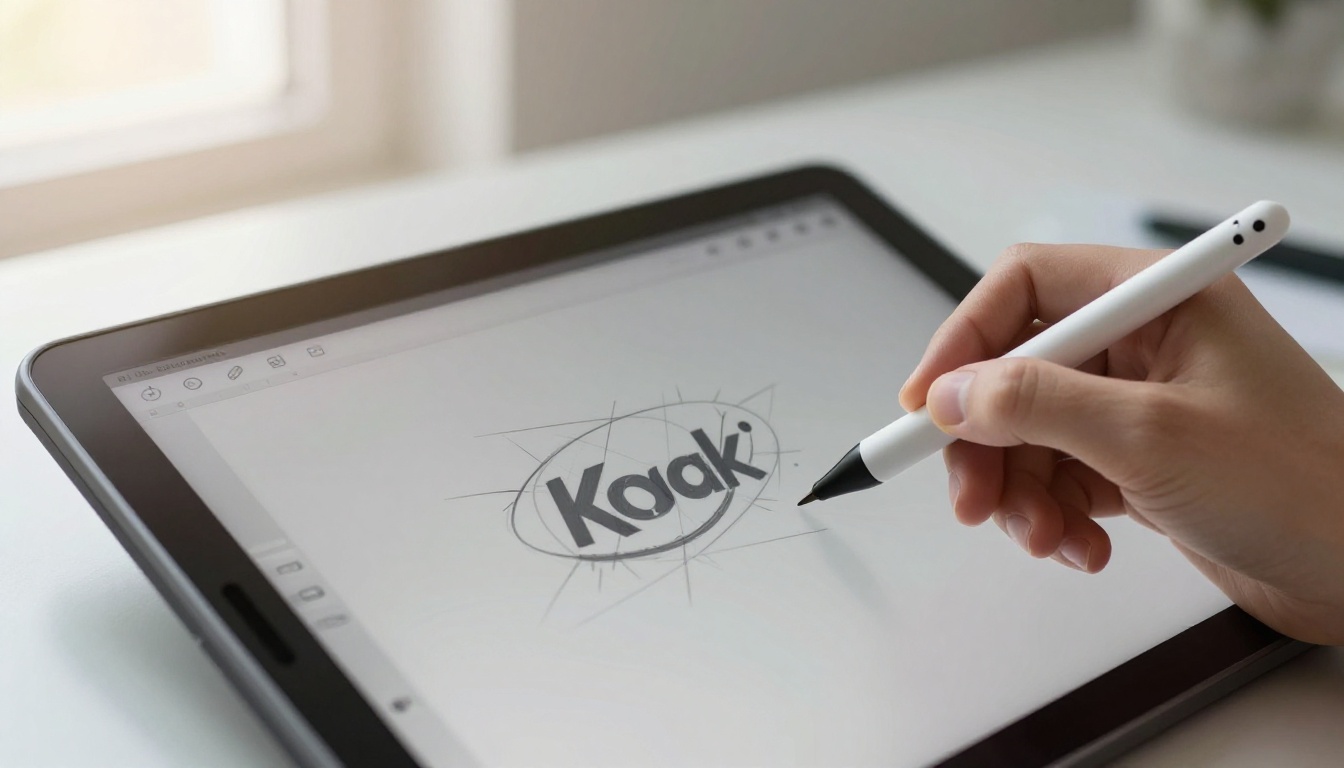 Stylus pen on drawing tablet showing logo iterations Stylus pen on drawing tablet showing logo iterations