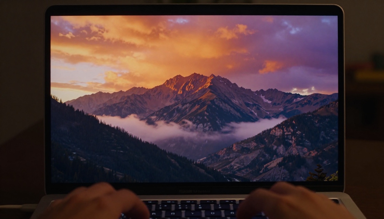 Laptop screen showing vivid AI-generated mountain valley video at golden hour