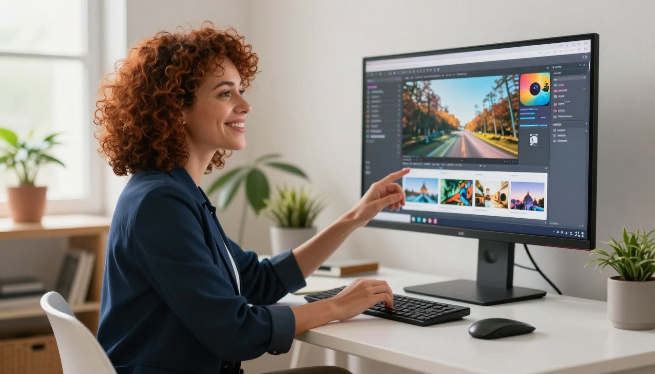 Woman at standing desk gesturing toward large monitor showing AI video project dashboard