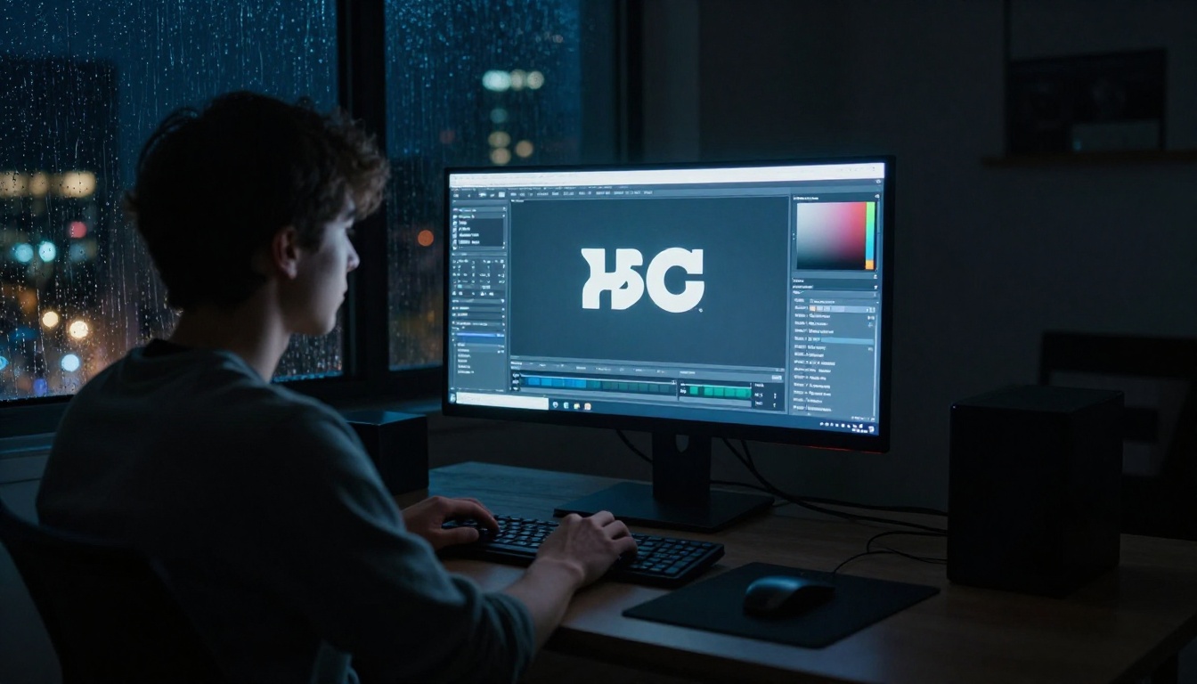 Designer at night lit by monitor glow showing logo designs Designer at night lit by monitor glow showing logo designs