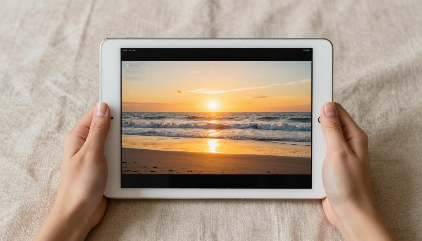 Hands holding tablet showing AI video creation interface with beach preview Hands holding tablet showing AI video creation interface with beach preview