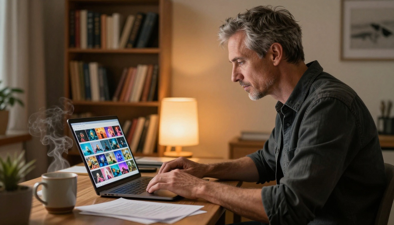 Man in cozy home office reviewing AI video thumbnails on laptop screen Man in cozy home office reviewing AI video thumbnails on laptop screen