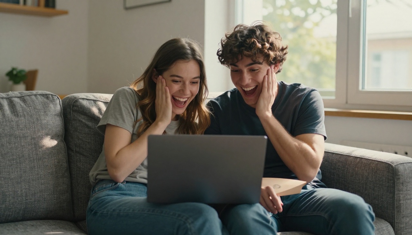 Two friends laughing together while watching an AI-generated video on a laptop Two friends laughing together while watching an AI-generated video on a laptop