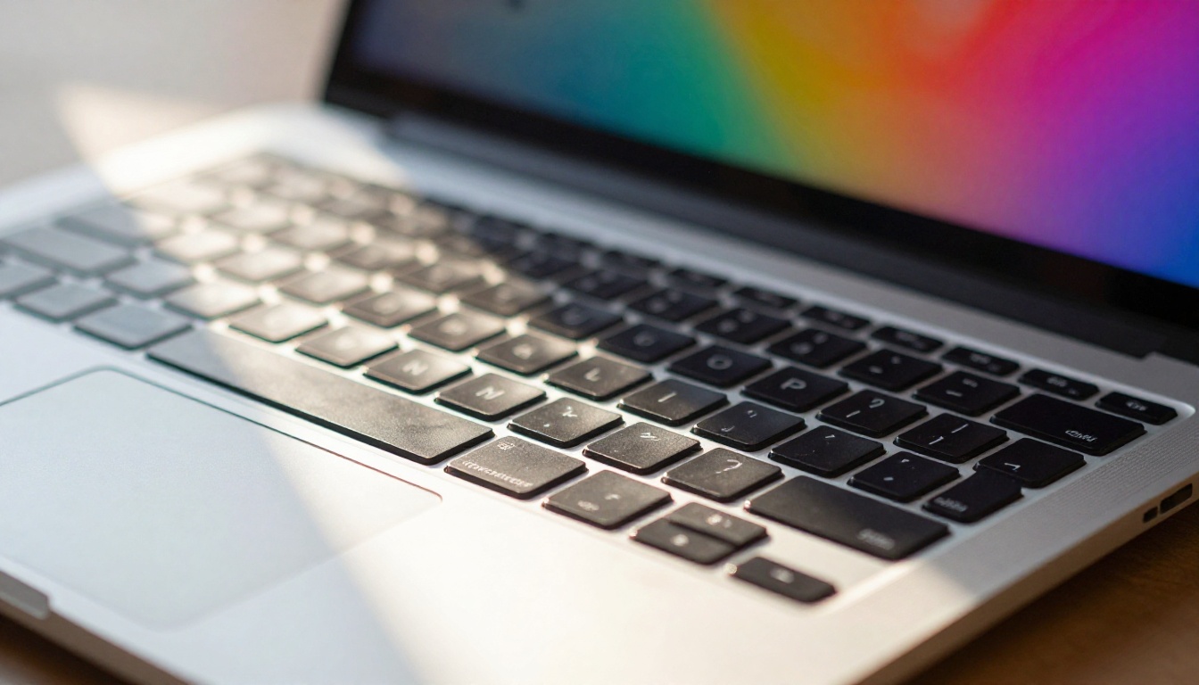 Low-angle close-up of laptop keyboard with colorful AI video thumbnails on screen Low-angle close-up of laptop keyboard with colorful AI video thumbnails on screen