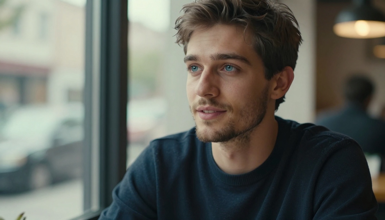 Young man with sharp jawline and textured stubble beard sitting by a large window in a coffee shop, soft diffused natural daylight, Canon 50mm f/2 portrait lens