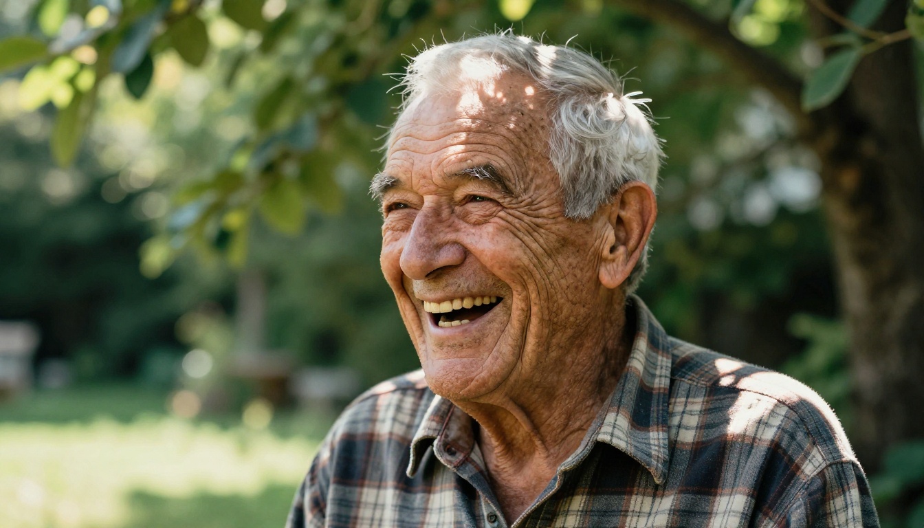 An elderly man with deep wrinkles and silver hair laughing candidly in a sunlit garden, dappled light through leaves, authentic crow's feet and natural dental imperfections