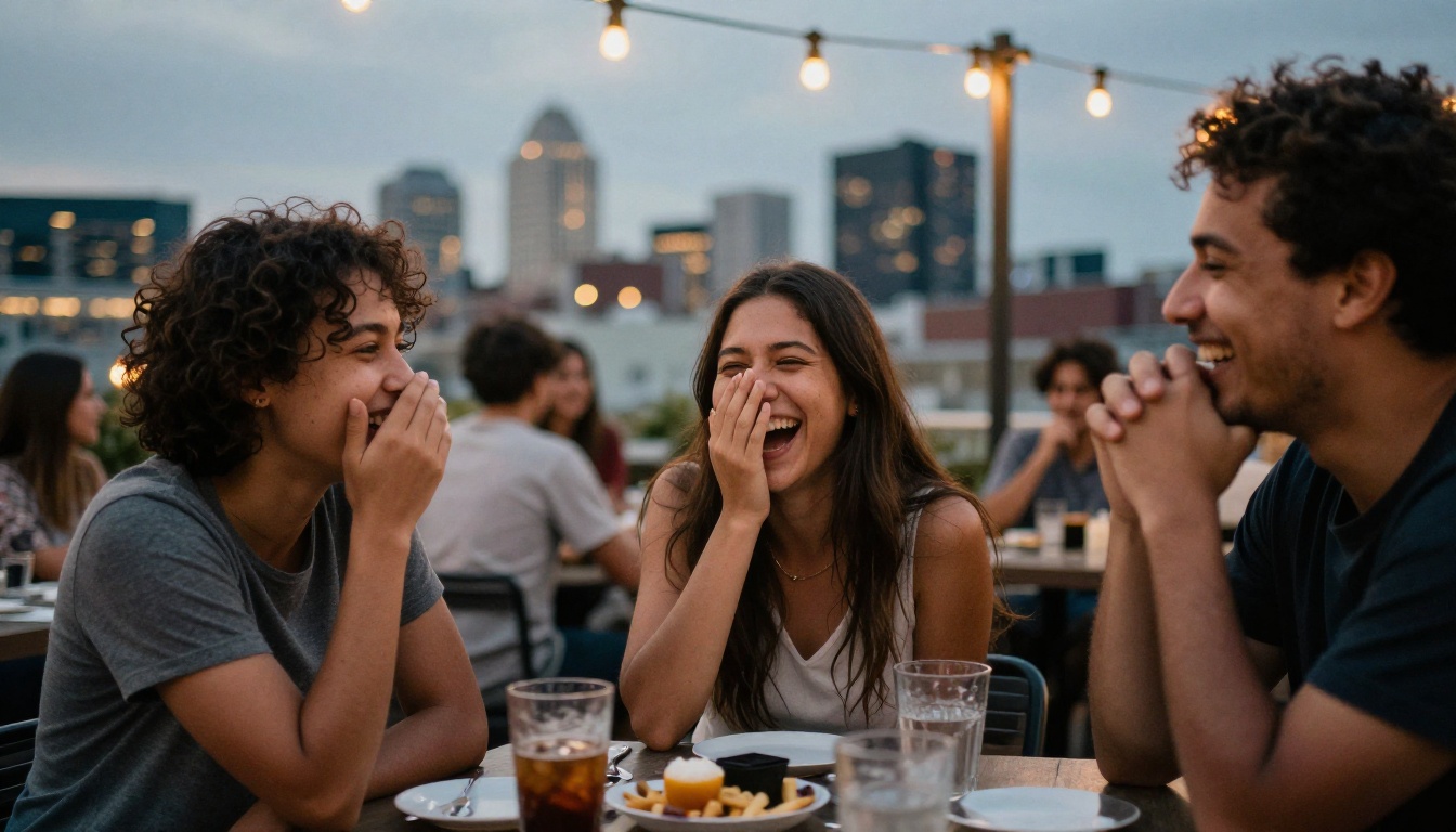 Diverse group of three friends laughing at an outdoor rooftop terrace at dusk, candid documentary-style photography, warm overhead string lights and blurred city skyline