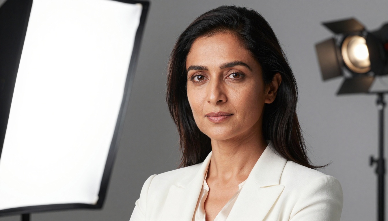 Professional studio headshot of a South Asian woman in her forties, three-point lighting setup with large octabox, white blazer, direct confident gaze into camera Professional studio headshot of a South Asian woman in her forties, three-point lighting setup with large octabox, white blazer, direct confident gaze into camera
