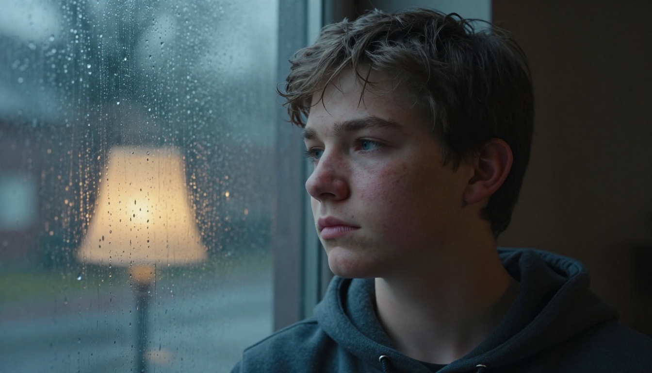 Teenage boy with natural acne on cheeks looking pensively out a rain-streaked window, cool blue-gray natural light, authentic adolescent emotion and slightly furrowed brow Teenage boy with natural acne on cheeks looking pensively out a rain-streaked window, cool blue-gray natural light, authentic adolescent emotion and slightly furrowed brow