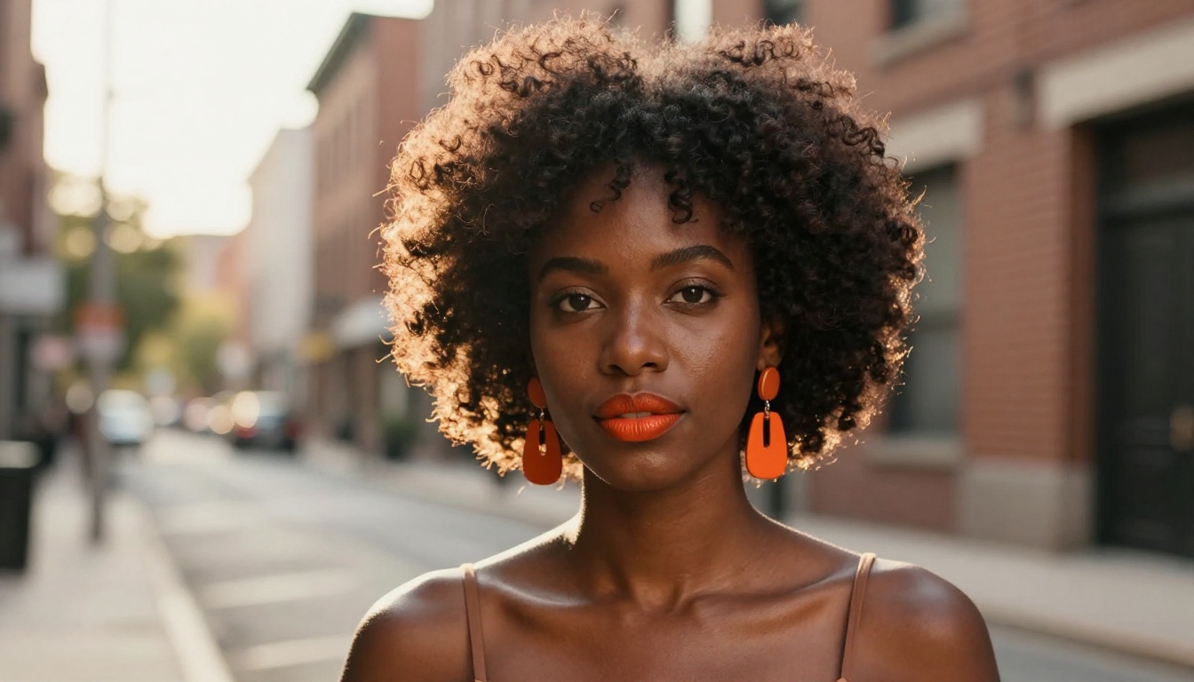 Black woman with natural afro hair posing in a sunlit urban street, golden late afternoon rim light on hair texture, warm dark complexion, direct confident gaze Black woman with natural afro hair posing in a sunlit urban street, golden late afternoon rim light on hair texture, warm dark complexion, direct confident gaze