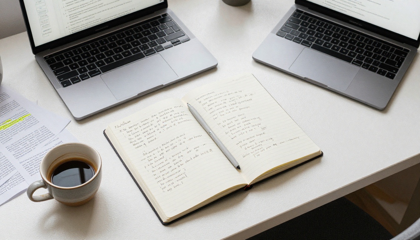Aerial flat lay of workspace with notebook and laptop