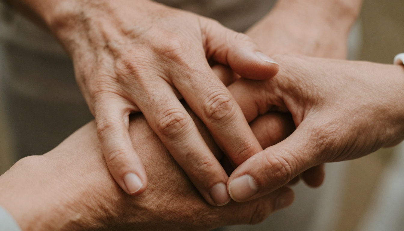 Close-up detail of two hands intertwined, realistic knuckle wrinkles and skin texture, one older hand with age spots and one younger, warm diffused light from above, natural nail detail Close-up detail of two hands intertwined, realistic knuckle wrinkles and skin texture, one older hand with age spots and one younger, warm diffused light from above, natural nail detail