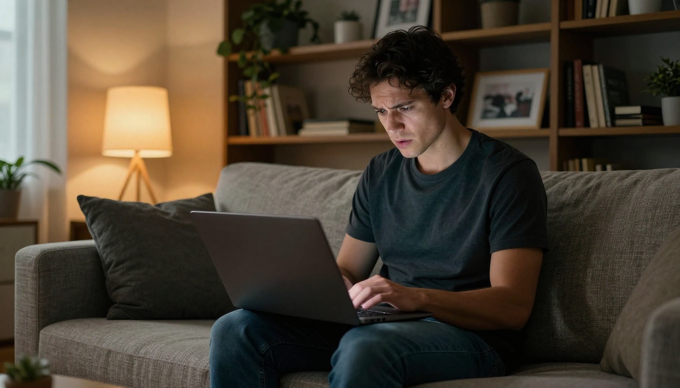 Man on sofa with laptop deeply focused in thought