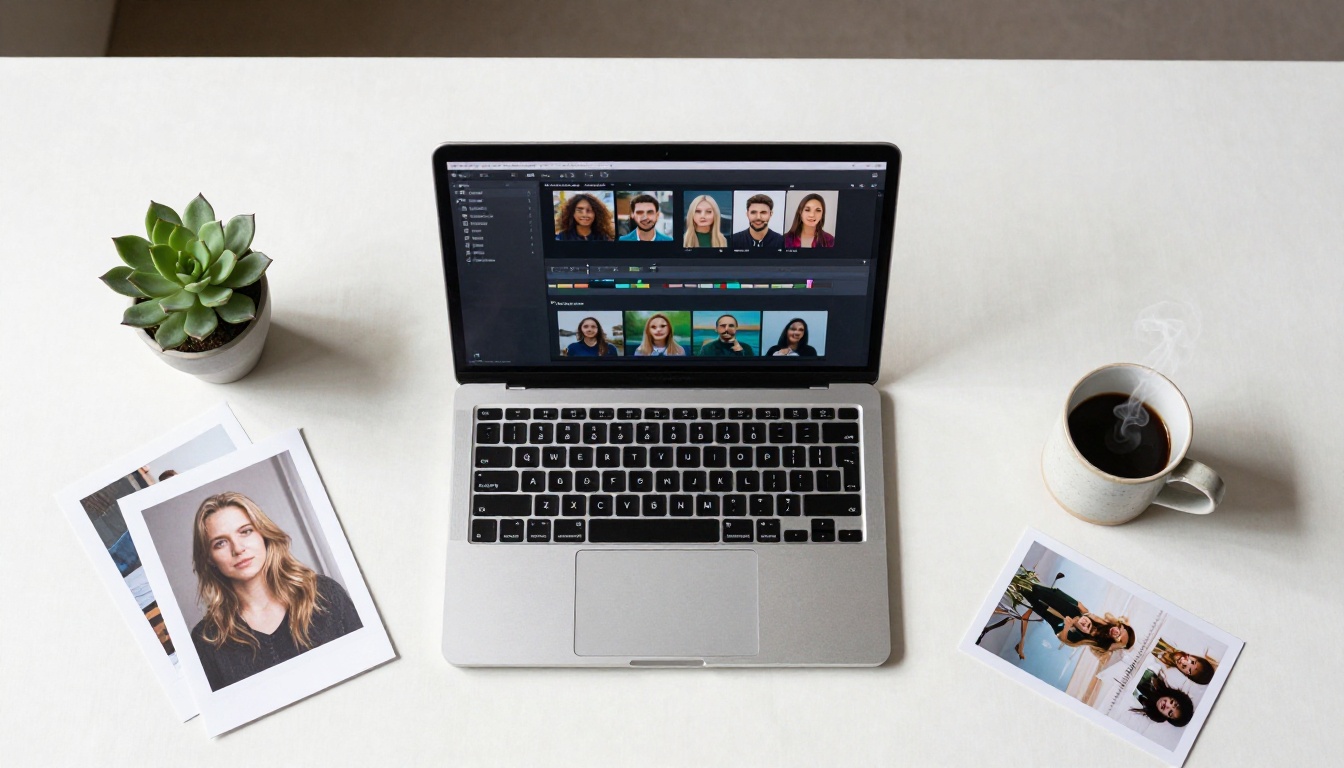 Creative workspace flatlay with AI video timeline